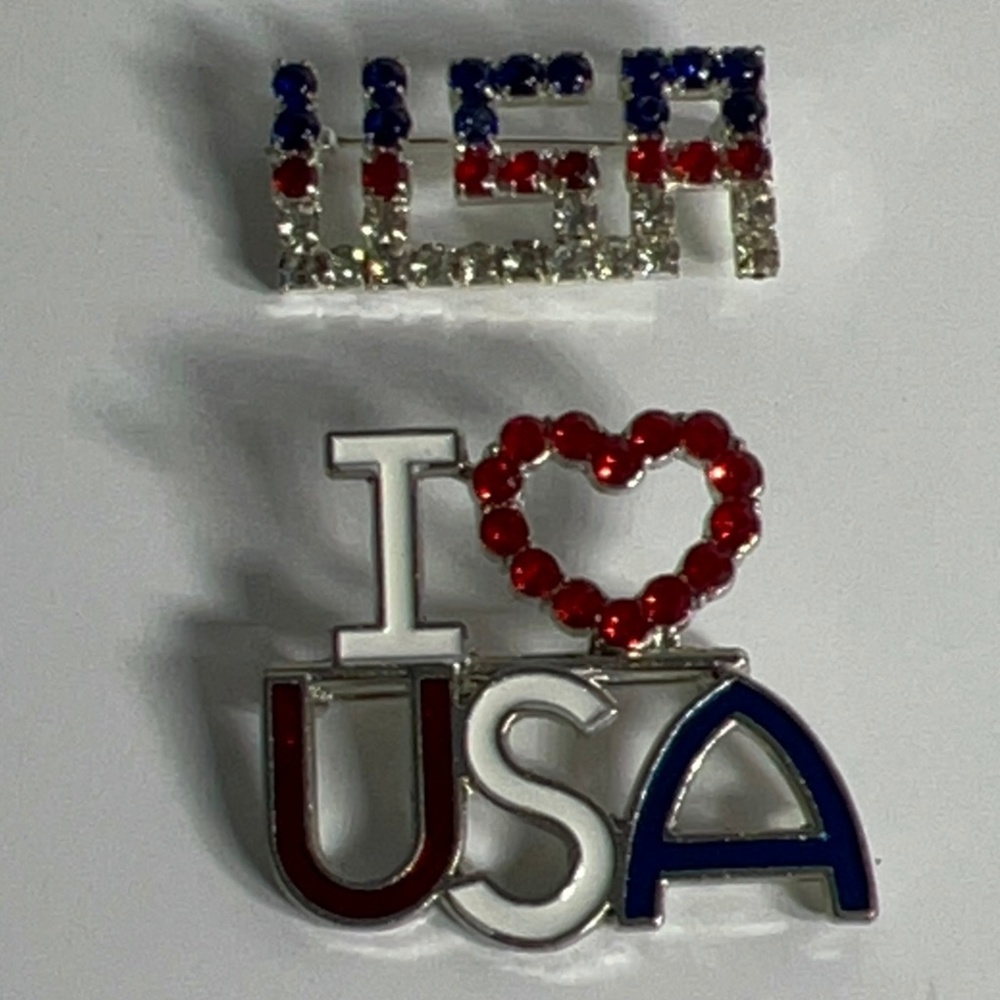 Two Vintage Rhinestone Brooches One is I ♥️ USA and the other is USA